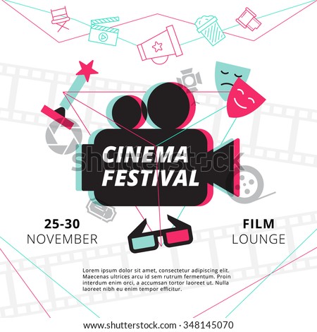Cinema festival poster with camcorder silhouette in center and attributes of film industry vector illustration - stock vector Cinema festival poster with camcorder silhouette in center and attributes of film industry vector illustration - stock vector