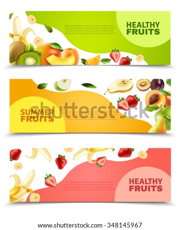 Summer healthy diet organically grown fruits and berries 3 horizontal colorful banners set abstract isolated vector illustration - stock vector Summer healthy diet organically grown fruits and berries 3 horizontal colorful banners set abstract isolated vector illustration - stock vector