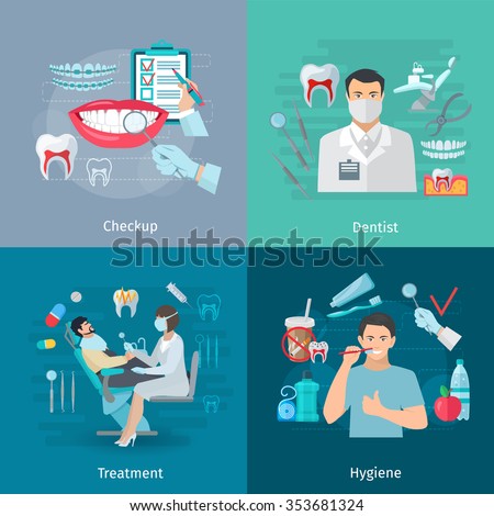 Flat color teeth care concept square composition of medical checkup dentist tools treatment and hygiene isolated vector illustration - stock vector Flat color teeth care concept square composition of medical checkup dentist tools treatment and hygiene isolated vector illustration - stock vector