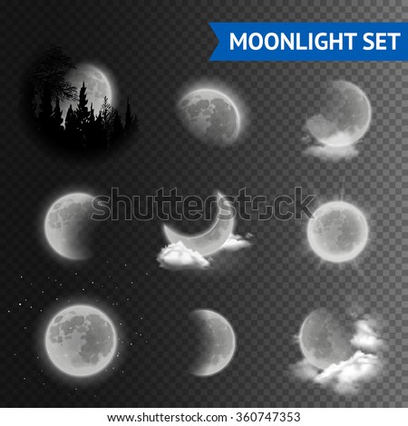 Moonlight set with moon phases with clouds on transparent background vector illustration - stock vector Moonlight set with moon phases with clouds on transparent background vector illustration - stock vector