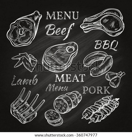 Retro meat menu icons on chalkboard with lamb chops sausage wieners pork ham skewers gastronomic products isolated vector illustration - stock vector Retro meat menu icons on chalkboard with lamb chops sausage wieners pork ham skewers gastronomic products isolated vector illustration - stock vector