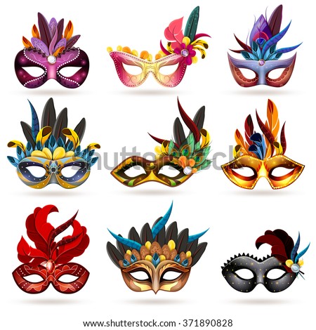 Mask realistic icons set with feathers and jewels isolated vector illustration - stock vector Mask realistic icons set with feathers and jewels isolated vector illustration - stock vector