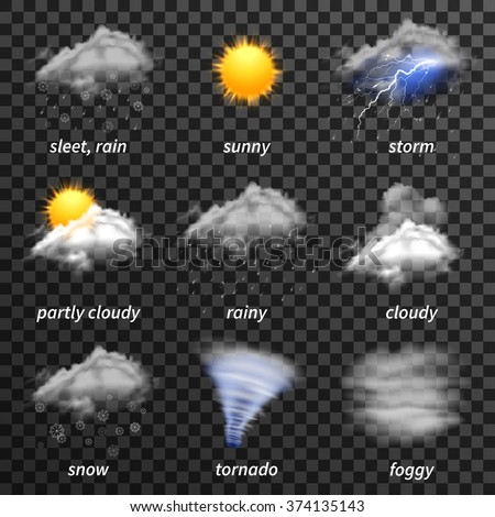 Realistic weather icons set isolated on transparent background vector illustration - stock vector Realistic weather icons set isolated on transparent background vector illustration - stock vector