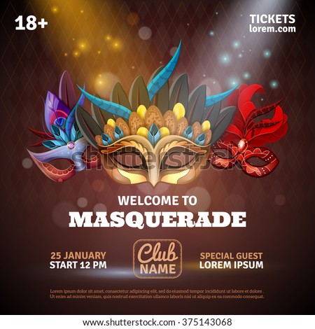 Masquerade realistic poster with party tickets and club symbols vector illustration - stock vector Masquerade realistic poster with party tickets and club symbols vector illustration - stock vector