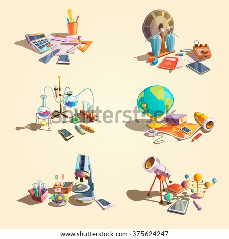 Science retro concept set with cartoon education objects isolated vector illustration - stock vector Science retro concept set with cartoon education objects isolated vector illustration - stock vector