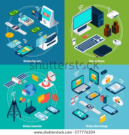 Wireless technologies design concept set with payment and data exchange devices isometric icons isolated vector illustration - stock vector Wireless technologies design concept set with payment and data exchange devices isometric icons isolated vector illustration - stock vector