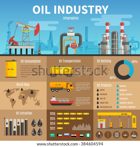 Oil industry vector infographics with extraction transportation and consumption statistics products of refining information and petrol station illustration - stock vector Oil industry vector infographics with extraction transportation and consumption statistics products of refining information and petrol station illustration - stock vector
