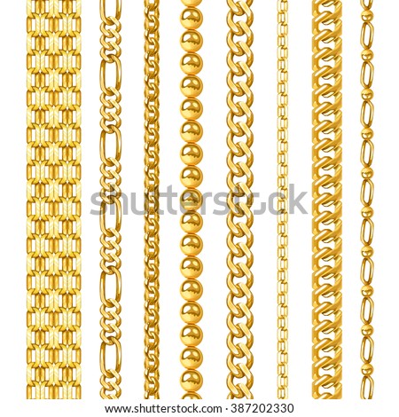 Jewelry golden chains in different shapes realistic set isolated vector illustration - stock vector Jewelry golden chains in different shapes realistic set isolated vector illustration - stock vector