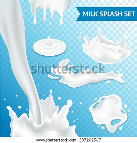 Milk splash and pouring realistic set on transparent background isolated vector illustration - stock vector Milk splash and pouring realistic set on transparent background isolated vector illustration - stock vector