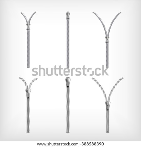 Plastic and metallic close and half open grey zipper set in realistic style on white background isolated vector illustration - stock vector Plastic and metallic close and half open grey zipper set in realistic style on white background isolated vector illustration - stock vector