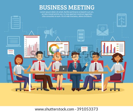Business meeting concept with people chatting in conference room flat vector illustration - stock vector Business meeting concept with people chatting in conference room flat vector illustration - stock vector