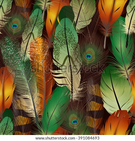 Feathers realistic seamless pattern with colorful bird air feathers vector illustration - stock vector Feathers realistic seamless pattern with colorful bird air feathers vector illustration - stock vector