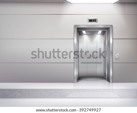 Realistic empty elevator hall interior with waiting lift marble floor ceiling window and grey walls vector illustration - stock vector Realistic empty elevator hall interior with waiting lift marble floor ceiling window and grey walls vector illustration - stock vector