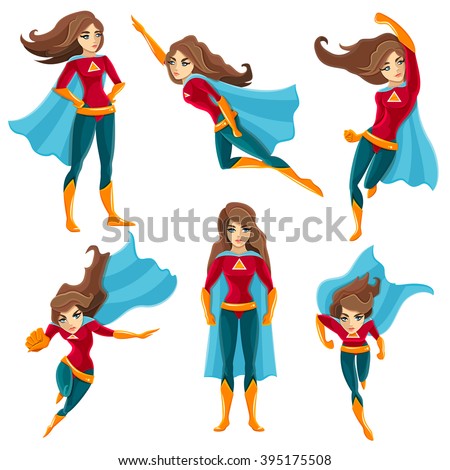 Longhaired superwoman actions set in cartoon colored style with different poses vector illustration - stock vector Longhaired superwoman actions set in cartoon colored style with different poses vector illustration - stock vector