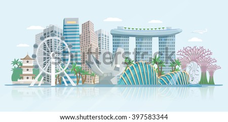 Singapore skyline panoramic view with modern central business district skyscrapers and historical temple building abstract vector illustration - stock vector Singapore skyline panoramic view with modern central business district skyscrapers and historical temple building abstract vector illustration - stock vector