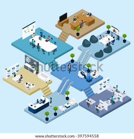 Isometric icons of multistoried office center with abstract scheme of floors rooms and activities vector illustration - stock vector Isometric icons of multistoried office center with abstract scheme of floors rooms and activities vector illustration - stock vector