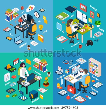 Creative professionals workplaces 4 isometric icons square with computer maintenance programmer web developer abstract vector isolated illustration - stock vector Creative professionals workplaces 4 isometric icons square with computer maintenance programmer web developer abstract vector isolated illustration - stock vector