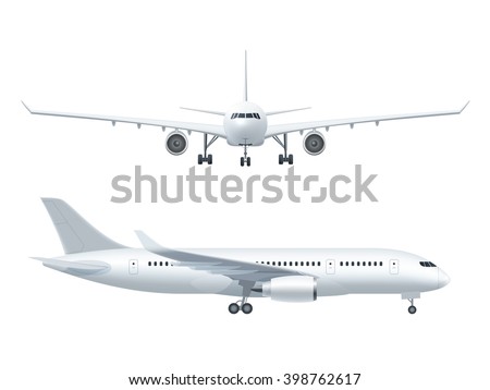 White airplane icon set on a white background in profile and from the front isolated vector illustration - stock vector White airplane icon set on a white background in profile and from the front isolated vector illustration - stock vector