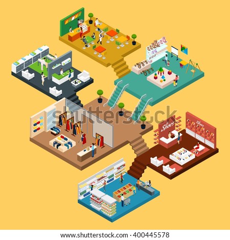 Mall Isometric icon set with conceptual 3d map of multistory shopping center with different floors and areas vector illustration - stock vector Mall Isometric icon set with conceptual 3d map of multistory shopping center with different floors and areas vector illustration - stock vector