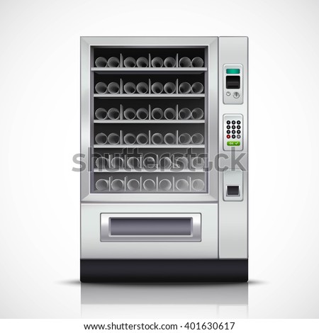 Realistic modern vending machine with steel body and electronic control panel on white background isolated vector illustration - stock vector Realistic modern vending machine with steel body and electronic control panel on white background isolated vector illustration - stock vector