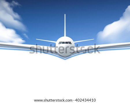 Realistic poster white Airplane flying in the sky with white bottom abstract background vector illustration - stock vector Realistic poster white Airplane flying in the sky with white bottom abstract background vector illustration - stock vector