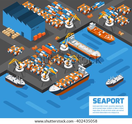 Aerial view of harbor waterfront and maritime terminal with container ship loading isometric poster abstract vector illustration - stock vector Aerial view of harbor waterfront and maritime terminal with container ship loading isometric poster abstract vector illustration - stock vector