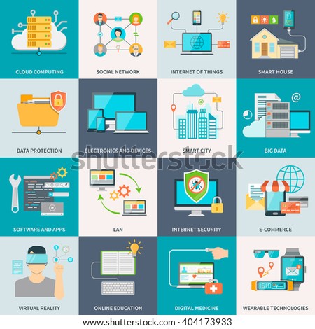 Information technologies concept flat icons with electronic devices software and internet isolated vector illustration - stock vector Information technologies concept flat icons with electronic devices software and internet isolated vector illustration - stock vector