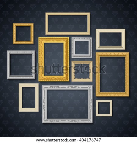 Vintage traditional realistic frames set on dark wall isolated vector illustration - stock vector Vintage traditional realistic frames set on dark wall isolated vector illustration - stock vector