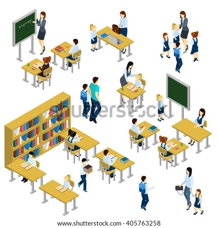School isometric set with teacher children and school equipment isolated vector illustration - stock vector School isometric set with teacher children and school equipment isolated vector illustration - stock vector