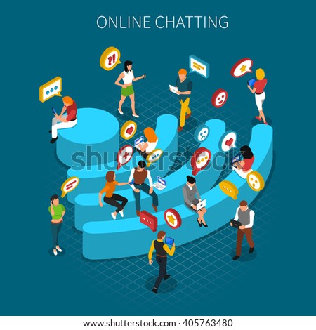 Communication isometric concept with bench shaped wifi emblem and people using internet around vector illustration - stock vector Communication isometric concept with bench shaped wifi emblem and people using internet around vector illustration - stock vector