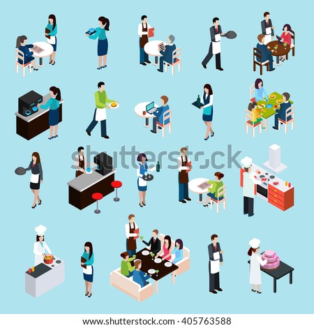 Restaurant cafe bar personnel and customers isometric icons set with waiters attending tables abstract isolated vector illustration - stock vector Restaurant cafe bar personnel and customers isometric icons set with waiters attending tables abstract isolated vector illustration - stock vector