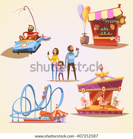 Amusement park cartoon set with retro style attractions isolated vector illustration - stock vector Amusement park cartoon set with retro style attractions isolated vector illustration - stock vector