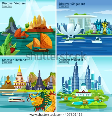 Asian travel 2x2 design concept with vietnam thailand singapore and malaysia colorful landscape compositions flat vector illustration - stock vector Asian travel 2x2 design concept with vietnam thailand singapore and malaysia colorful landscape compositions flat vector illustration - stock vector