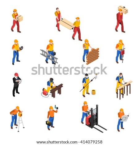 Builders work at construction site isometric icons collection with mason carpenter and project manager isolated vector illustration - stock vector Builders work at construction site isometric icons collection with mason carpenter and project manager isolated vector illustration - stock vector