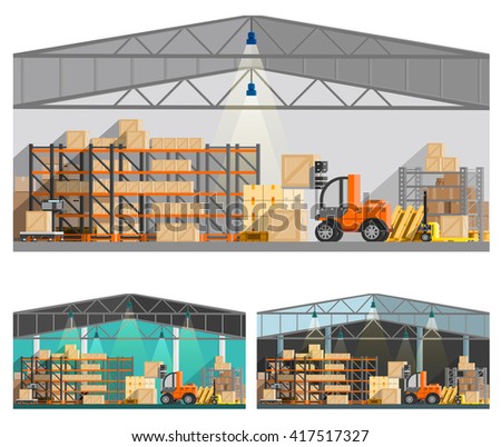 Warehouse and storage orthogonal compositions set with roof and lamps flat isolated vector illustration - stock vector Warehouse and storage orthogonal compositions set with roof and lamps flat isolated vector illustration - stock vector