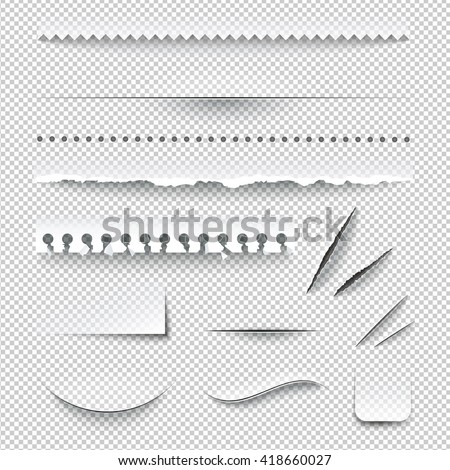 Semitransparent white paper checkered perforated ripped torn jagged cut edges texture samples set realistic shadows vector illustration - stock vector Semitransparent white paper checkered perforated ripped torn jagged cut edges texture samples set realistic shadows vector illustration - stock vector