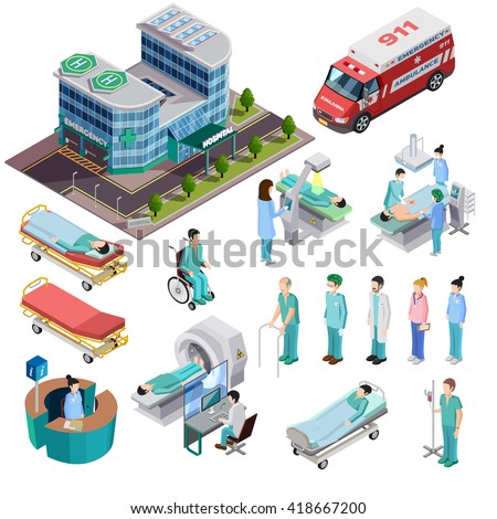 Hospital isometric isolated icons set of clinic building ambulance car diagnostic equipment patients and medical staff vector illustration - stock vector Hospital isometric isolated icons set of clinic building ambulance car diagnostic equipment patients and medical staff vector illustration - stock vector