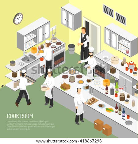 Restaurant cooking room with chefs commercial equipment for frying and baking dishes isometric poster abstract vector illustration - stock vector Restaurant cooking room with chefs commercial equipment for frying and baking dishes isometric poster abstract vector illustration - stock vector