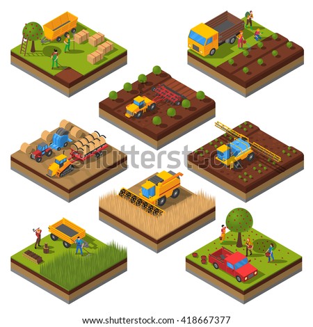 Isometric set with isolated plates of fields and agricultural machines harvesting and people cropping vector illustration - stock vector Isometric set with isolated plates of fields and agricultural machines harvesting and people cropping vector illustration - stock vector