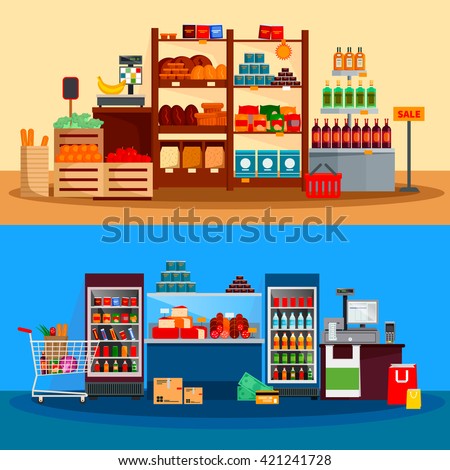 Interior of supermarket banners with beverages cheese meat in refrigerators scales and checkout counter isolated vector illustration - stock vector Interior of supermarket banners with beverages cheese meat in refrigerators scales and checkout counter isolated vector illustration - stock vector