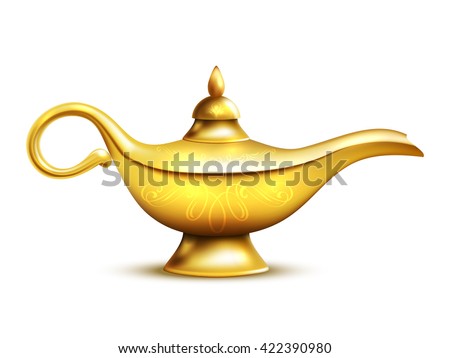 Aladdin yellow iron lamp isolated icon with shadow and ornaments on white background vector illustration - stock vector Aladdin yellow iron lamp isolated icon with shadow and ornaments on white background vector illustration - stock vector