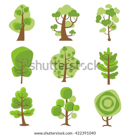 Tree logo flat cartoon decorative icons set on white background with deciduous and coniferous types trees isolated vector illustration - stock vector Tree logo flat cartoon decorative icons set on white background with deciduous and coniferous types trees isolated vector illustration - stock vector