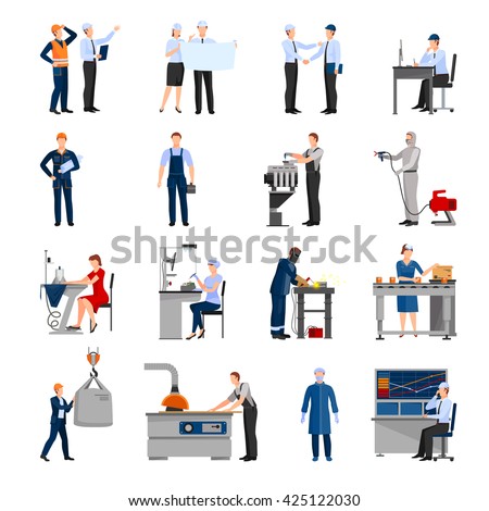 Icons set of drawn in flat style different factory workers from engineer to conveyor operator isolated vector illustration - stock vector Icons set of drawn in flat style different factory workers from engineer to conveyor operator isolated vector illustration - stock vector