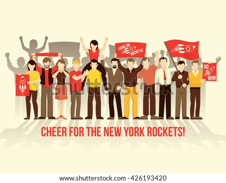 Cheering crowd people retro style composition with men women scarf flags placards on clear backdround vector illustration - stock vector Cheering crowd people retro style composition with men women scarf flags placards on clear backdround vector illustration - stock vector