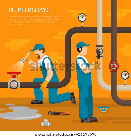 Inspection of pipeline composition with plumbing work leak on floor on brick wall background vector illustration - stock vector Inspection of pipeline composition with plumbing work leak on floor on brick wall background vector illustration - stock vector