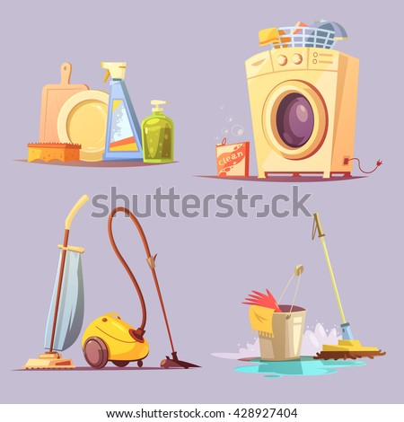 House apartments cleaning janitor services cartoon retro style 4 icons set with washing machine abstract vector illustration - stock vector House apartments cleaning janitor services cartoon retro style 4 icons set with washing machine abstract vector illustration - stock vector