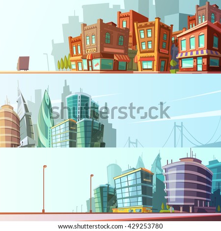 Modern and historical bay area street view day skyline 3 horizontal banners set cartoon isolated vector illustration - stock vector Modern and historical bay area street view day skyline 3 horizontal banners set cartoon isolated vector illustration - stock vector