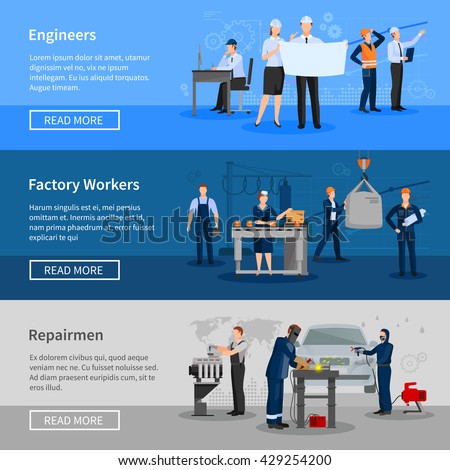 Engineers at work factory workers in workshop and repairmen in car service flat horizontal banners vector illustration - stock vector Engineers at work factory workers in workshop and repairmen in car service flat horizontal banners vector illustration - stock vector