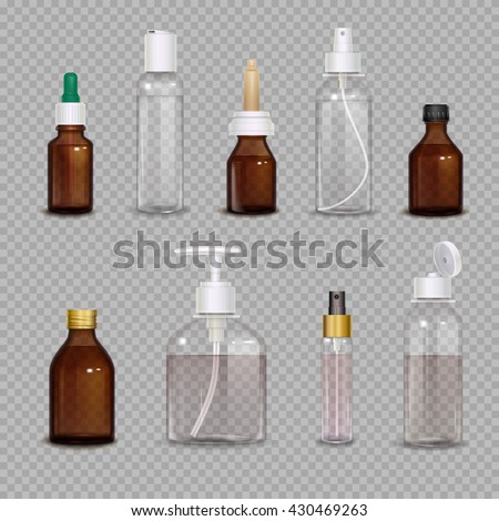 Realistic images set of different bottles for pharmaceutical or makeup means on transparent background isolated vector illustration - stock vector Realistic images set of different bottles for pharmaceutical or makeup means on transparent background isolated vector illustration - stock vector