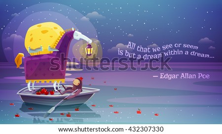 Night dream surreal horse with lantern in boat with yellow moon and poetry verse background abstract vector illustration - stock vector Night dream surreal horse with lantern in boat with yellow moon and poetry verse background abstract vector illustration - stock vector